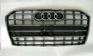 ÖN PANJUR KROM+KROM ÇİZGİLİ PARLAK SİYAH 9 PETEK AUDİ S6 2015-2018-APP PLAKALIK İLE