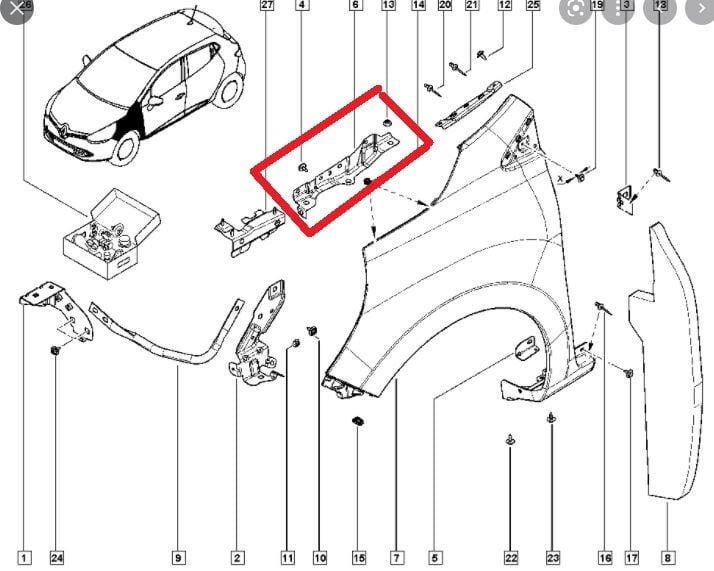 RENAULT CLIO- 4- HB- 13/16; ÖN ÇAMURLUK BAĞLANTI SUPORTU SOL (ORTA KISIM) (SAC) (EAGLE BODY)